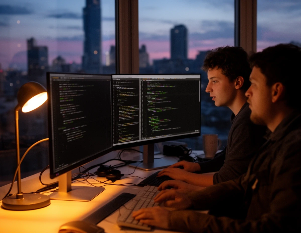 Equipo de desarrollo web trabajando en una sesión nocturna de pair programming